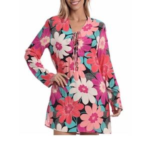 La Blanca MULTI IN FULL BLOOM Lace Front Tunic Dress Swim Cover Up- Size S